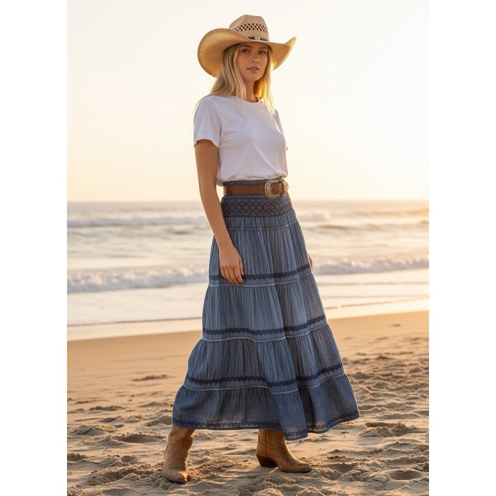 Boho Tiered Maxi Skirt One Size Smocked Chambray Western Cowgirl Festival Beachy